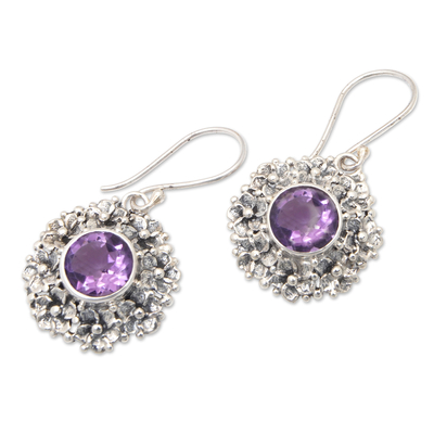Amethyst dangle earrings, 'Purple Frangipani' - Amethyst and Silver Dangle Earrings with Frangipani Motif