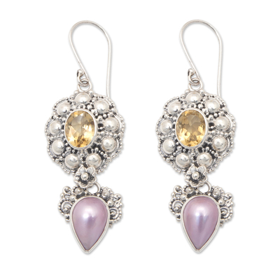 Cultured Mabe pearl and citrine dangle earrings, 'Chic Bloom' - Cultured Mabe Pearl Citrine & Silver Floral Dangle Earrings