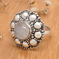 Rainbow moonstone cocktail ring, 'Delightful Bloom' - Sterling Silver Floral Cocktail Ring with Rainbow Moonstone