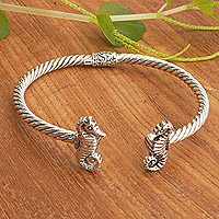 Sterling silver cuff bracelet, 'Twin Seahorses' - Seahorse-Themed Sterling Silver Cuff Bracelet from Bali