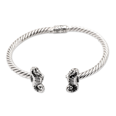Sterling silver cuff bracelet, 'Twin Seahorses' - Seahorse-Themed Sterling Silver Cuff Bracelet from Bali