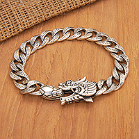 Men's sterling silver link bracelet, 'Dragon and Snake' - Men's Sterling Silver Link Bracelet of Dragon and Snake
