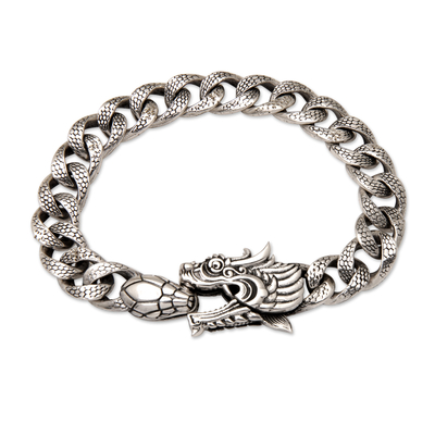 Men's sterling silver link bracelet, 'Dragon and Snake' - Men's Sterling Silver Link Bracelet of Dragon and Snake