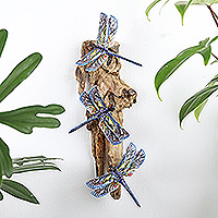 Wood wall sculpture, 'Fairy-tale Dragonfly' - Painted Gamal and Jempinis Wood Dragonfly Wall Sculpture