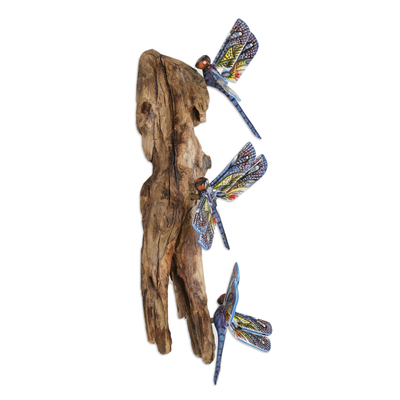Wood wall sculpture, 'Fairy-tale Dragonfly' - Painted Gamal and Jempinis Wood Dragonfly Wall Sculpture