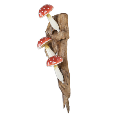 Wood wall art, 'Cute Mushrooms' - Wood Wall Art with Hand-Painted Mushrooms from Bali
