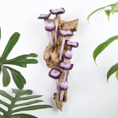 Wood wall sculpture, 'Purple Woods' - Purple-Toned Wood Mushroom Wall Sculpture from Bali