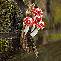 Wood wall art, 'Lovely Mushrooms' - Wood Wall Art with Hand-Painted Mushrooms Made in Bali