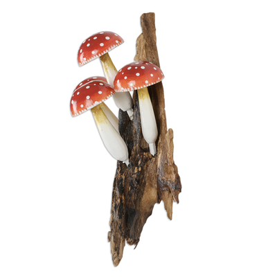 Wood wall art, 'Lovely Mushrooms' - Wood Wall Art with Hand-Painted Mushrooms Made in Bali