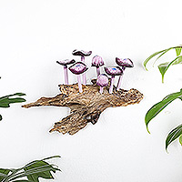 Wood wall sculpture, 'Little Purple Nature' - Purple Gamal and Jempinis Wood Mushroom Wall Sculpture