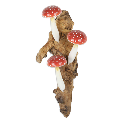 Wood wall art, 'Family of Mushrooms' - Wood Wall Art with Hand-Painted Mushrooms Crafted in Bali