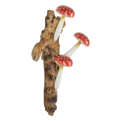 Wood wall art, 'Family of Mushrooms' - Wood Wall Art with Hand-Painted Mushrooms Crafted in Bali
