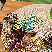 Wood sculpture, 'Turtle in The Ocean' - Mushroom-Shaped Wood Sculpture of colourful Sea Turtle
