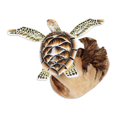 Escultura de madera - Escultura de madera de tortuga marina con base en forma de hongo