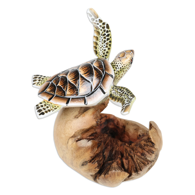 Wood sculpture, 'Turtle in The Sea' - Sea Turtle Wood Sculpture with Mushroom-Shaped Base