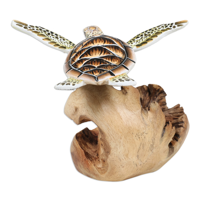 Wood sculpture, 'Turtle in The Sea' - Sea Turtle Wood Sculpture with Mushroom-Shaped Base