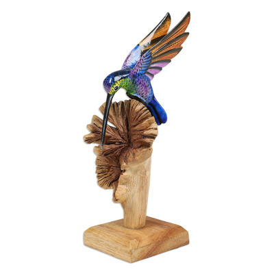 Escultura de madera - Escultura de madera en forma de hongo con colibrí de colores
