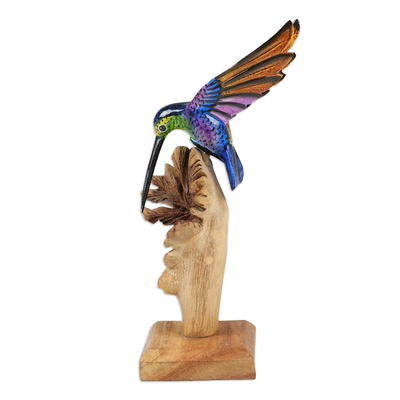 Wood sculpture, 'Divine Bird' - Mushroom-Shaped Wood Sculpture with Colorful Hummingbird