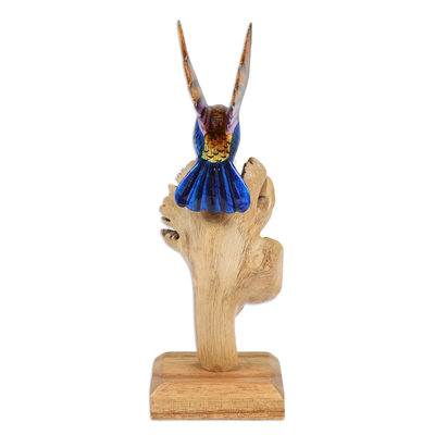 Wood sculpture, 'Divine Bird' - Mushroom-Shaped Wood Sculpture with Colorful Hummingbird