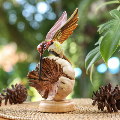 Unique Wood Sculpture of Hummingbirds and Mushrooms 'Hummingbirds