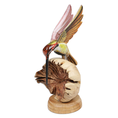 Wood sculpture, 'Heavenly Bird' - Hummingbird Wood Sculpture with Mushroom-Shaped Base