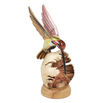 Wood sculpture, 'Heavenly Bird' - Hummingbird Wood Sculpture with Mushroom-Shaped Base