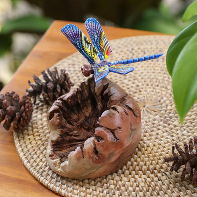 Wood sculpture, 'Dragonfly in the Sun' - Mushroom-Shaped Wood Sculpture with colourful Dragonfly