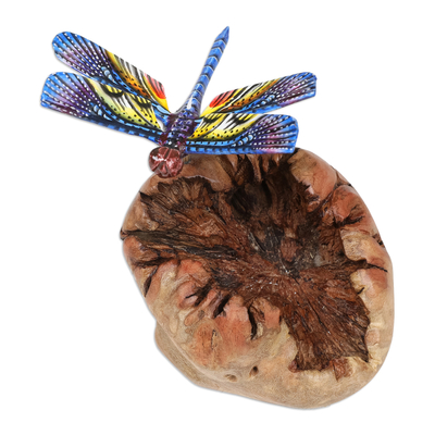 Wood sculpture, 'Dragonfly in the Sun' - Mushroom-Shaped Wood Sculpture with colourful Dragonfly