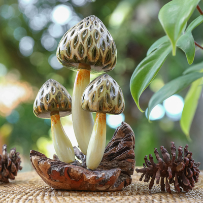 Wood sculpture, 'Morel Mushrooms' - Mushroom-Themed Wood Sculpture Hand-Painted in Bali