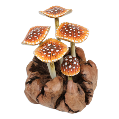 Wood sculpture, 'Wild Affection' - Warm-Toned Jempinis and Benalu Wood Mushroom Sculpture