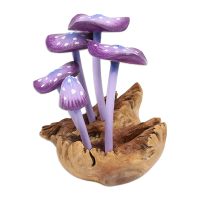 Wood sculpture, 'Wild Magic' - Purple-Toned Jempinis and Benalu Wood Mushroom Sculpture