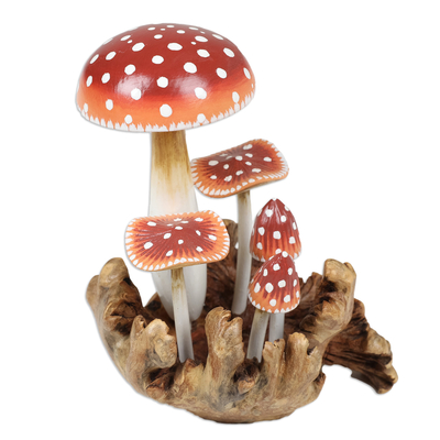 Wood sculpture, 'Adorable Nature' - Jempinis and Benalu Wood Mushroom Sculpture in Warm Hues