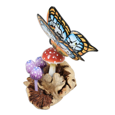 Wood sculpture, 'Butterfly Realm' - Hand-Painted Wood Sculpture of Butterfly and Mushrooms