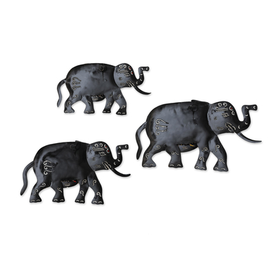 Iron wall art, 'Sulawesi Elephants' (set of 3) - Set of 3 Handcrafted Traditional Iron Wall Art Elephants