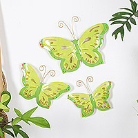 Iron wall art, 'Green Fairytale' (set of 3) - Set of 3 Green Iron and Plastic Beaded Wall Art Butterflies