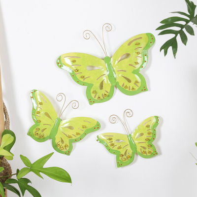 Juego de 3 mariposas decorativas con cuentas de hierro y plástico verde,  'cuento de hadas verde