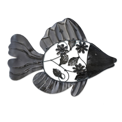 Iron wall art, 'Ocean Spring' - Marine-Themed Floral Iron Wall Art Fish from Bali
