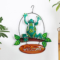 Iron welcome sign, 'Frog's Realm' - Handcrafted Frog-Themed Iron Welcome Sign from Bali