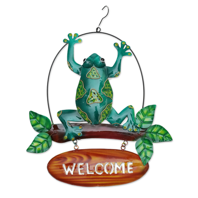 Cartel de bienvenida de hierro - Letrero de bienvenida de hierro con temática de rana hecho a mano de Bali