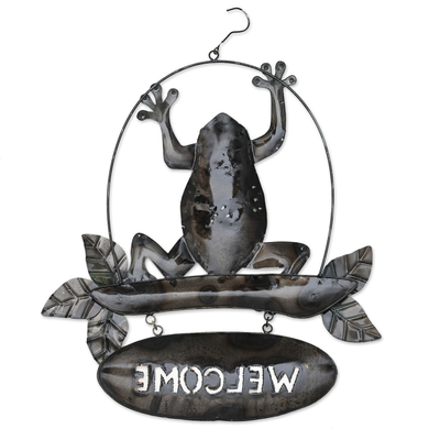 Cartel de bienvenida de hierro - Letrero de bienvenida de hierro con temática de rana hecho a mano de Bali