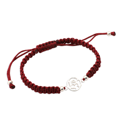Sterling silver macrame pendant bracelet, 'Dark Red Spirit' - Red Macrame Bracelet with Round Sterling Silver Pendant