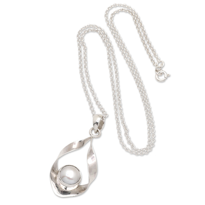 Cultured pearl pendant necklace, 'Marine Eden' - Modern Sterling Silver Pendant Necklace with Grey Pearl