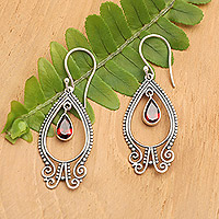 Garnet dangle earrings, 'Wonders of Perseverance' - Traditional Dangle Earrings with Two-Carat Garnet Jewels