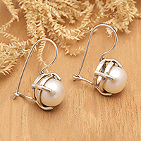 Cultured pearl drop earrings, 'Lanterns to Heaven' - High-Polished Natural White Cultured Pearl Drop Earrings