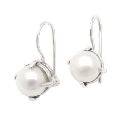 Cultured pearl drop earrings, 'Lanterns to Heaven' - High-Polished Natural White Cultured Pearl Drop Earrings