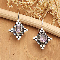 Amethyst drop earrings, 'Heavenly Wisdom' - Star-Themed Oval Amethyst Drop Earrings from Bali