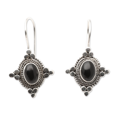Onyx drop earrings, 'Heavenly Protection' - Star-Themed Oval Onyx Drop Earrings from Bali