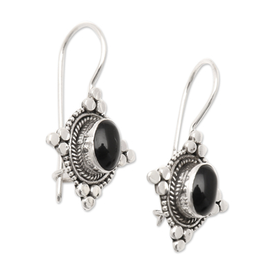 Onyx drop earrings, 'Heavenly Protection' - Star-Themed Oval Onyx Drop Earrings from Bali