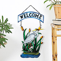 Iron welcome sign, 'Lake Greeting' - Nature-Themed Hand-Painted Iron Welcome Sign from Bali