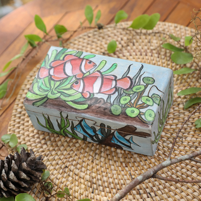 Wood decorative box, 'Secret Ocean' - Hand-Painted Suar Wood Decorative Box with Marine Scene